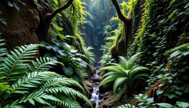 a jungle ravine filled with ferns and vines. photo