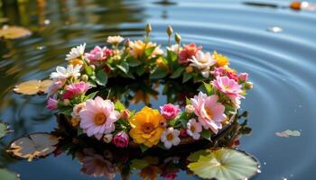 a floating floral crown on a pond surface. photo