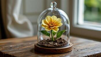 a glass dome with a preserved flower inside. photo