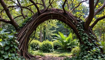 tangled tree limbs and vines forming a natural arch. photo