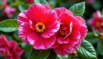 a close up of two camellia flowers touching. photo
