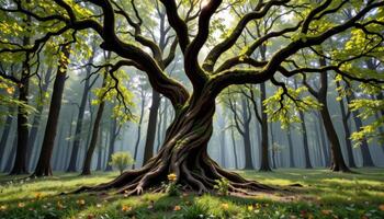 a large twisted tree at the center of the forest. photo