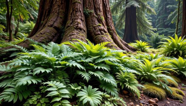 ferns growing around the base of massive trees. photo