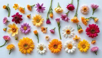 a composition of assorted flower heads laid out flat. photo