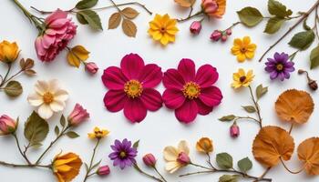 a flat lay of pressed flowers and dried leaves. photo