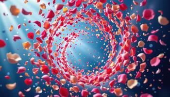 a swirling vortex of flower petals in the air. photo
