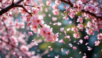 a dreamy scene of cherry blossom petals falling. photo
