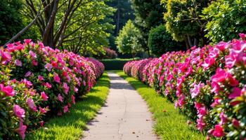 a path lined with azalea bushes in bloom. photo
