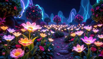 a surreal garden with glowing neon flowers. photo