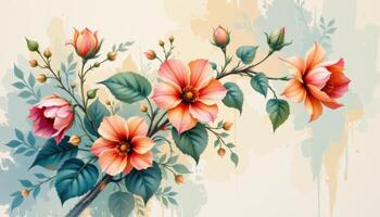 a vertical scroll style flower painting in soft brushstrokes. photo