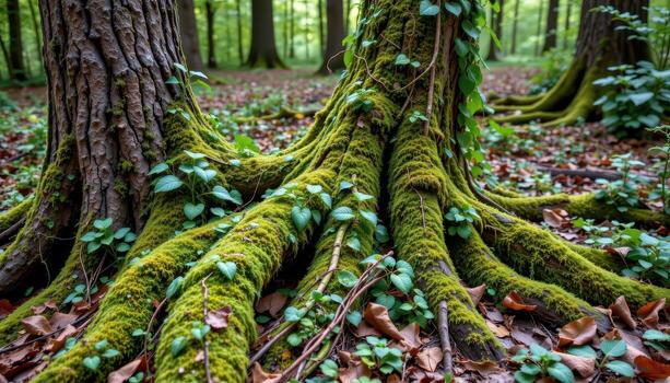 tree trunks covered in thick moss and vines. photo