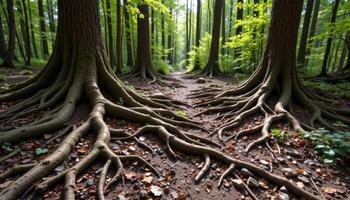 ancient tree roots twisting across the forest floor. photo