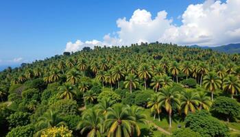 a tropical hillside dense with palm trees. photo