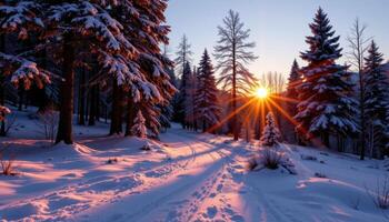 twilight casting long shadows over snowy forest floor. photo