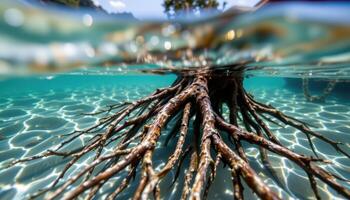close up of intricate mangrove roots submerged in clear water. photo