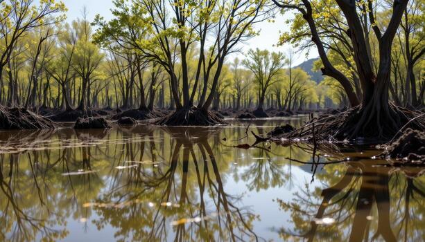 reflection of mangrove trees on a glassy tidal pool. photo