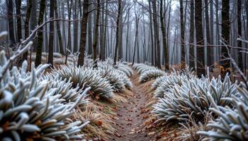 a winding forest path lined with frosty bushes. photo