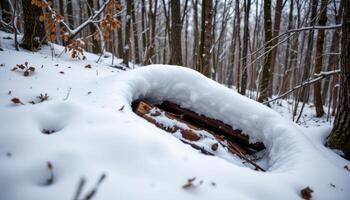 a thick layer of snow covering forest floor debris. photo