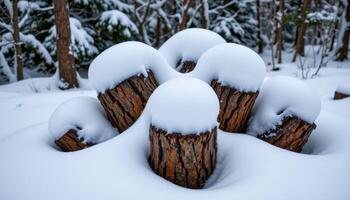 snowdrifts forming around clustered tree trunks. photo
