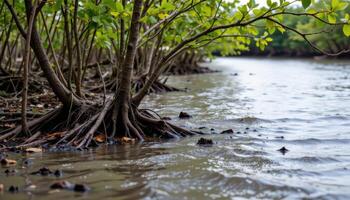dark muddy soil beneath dense mangrove trees. photo