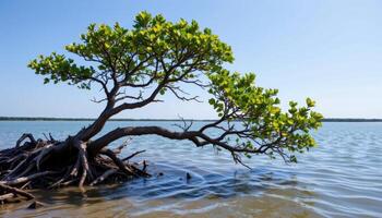 a mangrove tree arching over calm, shallow water. photo