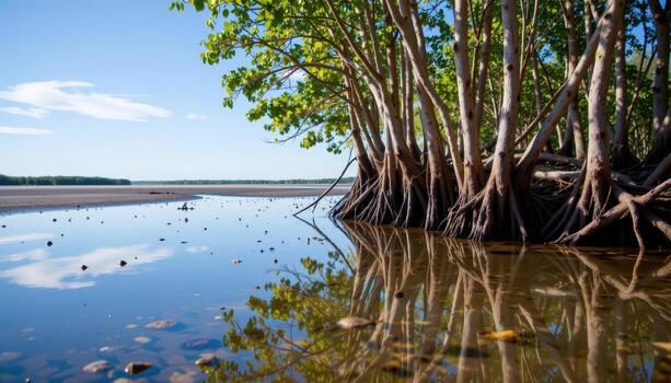 a tidal pool reflecting mangrove trunks and blue sky. photo