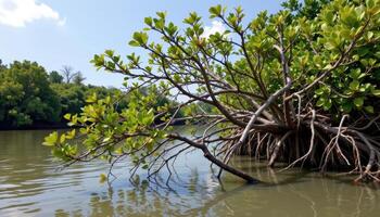 mangrove branches bending low over the water. photo