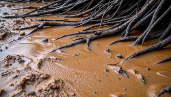 rust colored mud beneath dark mangrove roots. photo