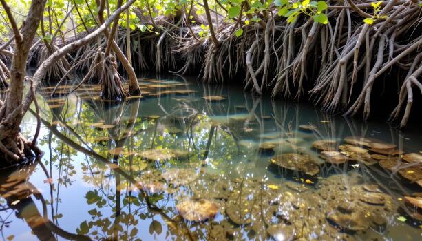 a reflective tidal pool nestled within mangrove roots. photo