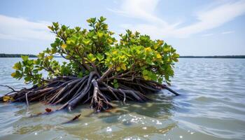 thick mangrove roots creating natural barriers in water. photo