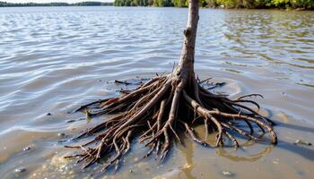mangrove roots partially submerged during high tide. photo