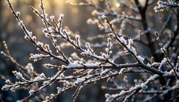 soft light filtering through frost covered branches. photo