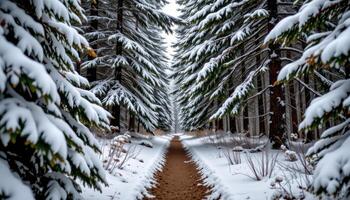 a narrow path through a forest of snow dusted fir trees. photo