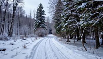 a snow covered trail winding into the winter woods. photo