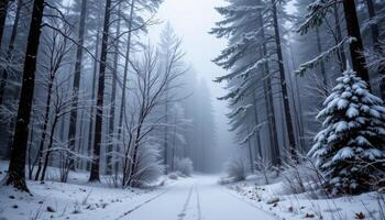 a foggy snowy forest with low hanging mist. photo