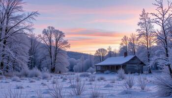 a frosty forest scene with soft pastel sky. photo