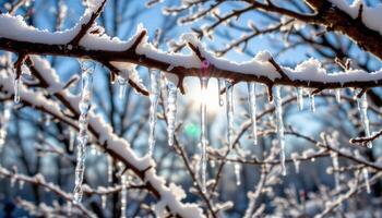icicles shimmering in sunlight on frozen branches. photo