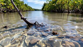 ripples forming around exposed mangrove roots. photo