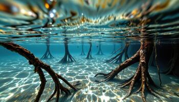 submerged mangrove roots visible through clear water. photo