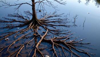 a maze of tangled roots reflected in quiet water. photo