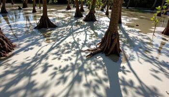 sunlight casting long shadows over mangrove roots. photo