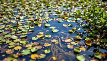 a shallow pool with floating mangrove leaves. photo