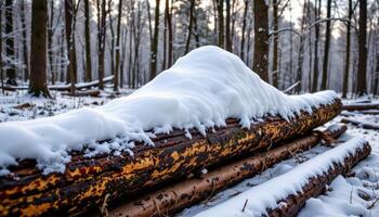snow piling up on fallen logs in a quiet forest. photo
