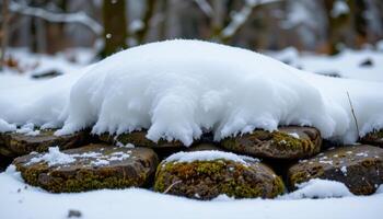 a wintery scene of snow piled on mossy stones. photo
