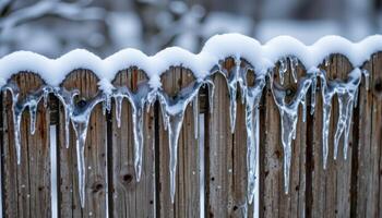 icicles forming patterns on old wooden fences. photo