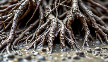 close up of wet mud clinging to mangrove roots. photo