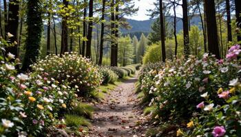 a quiet woodland trail bordered by flowering shrubs. photo