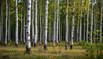 pale birch trunks standing tall in a quiet forest. photo