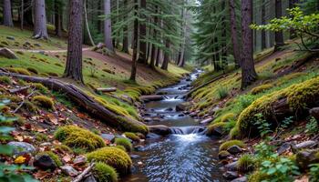 a small stream winding through a dense temperate forest. photo