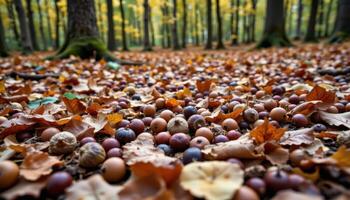 autumnal forest floor covered with acorns and chestnuts. photo